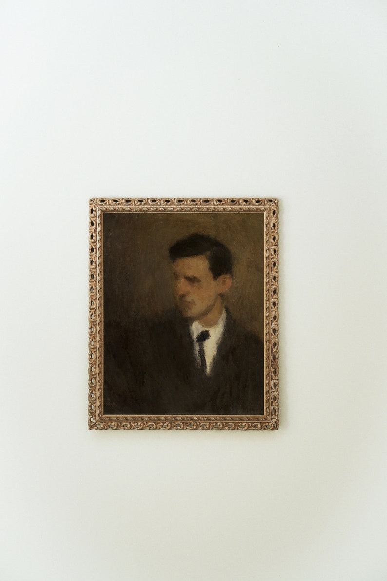 May include: A framed portrait of a man in a dark suit and tie. The painting is in a gold frame with an ornate design.