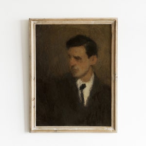 May include: A framed oil painting of a man in a suit and tie. The man is looking down and to the left. The painting is in a simple, wooden frame.