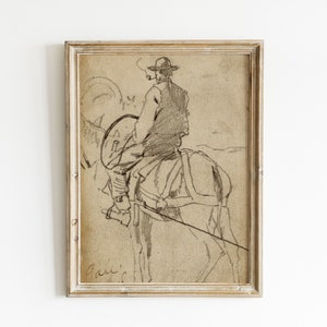 digital vintage drawing of cowboy on horseback printable southwestern art sepia wild west desert boho art horses horseback riding image 1