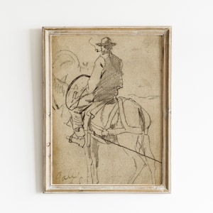 digital vintage drawing of cowboy on horseback | printable southwestern art | sepia wild west desert | horses horseback riding | small size