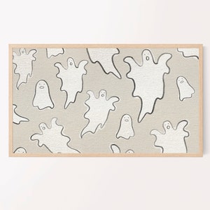 samsung frame tv art |  cute friendly ghosts | hand-drawn neutral halloween decor | kid-friendly halloween | speckle kraft paper