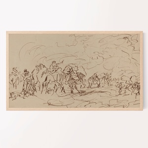 May include: A framed sketch depicting a caravan scene with figures on camels and horses. The artwork is rendered in brown ink on a beige background, with a light-colored wooden frame. The style is reminiscent of a historical drawing.