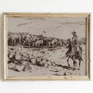 cowboy avec du bétail dessin vintage numérique art imprimable du sud-ouest paysage boho du désert sépia ouest sauvage cow-girl côtière image 1