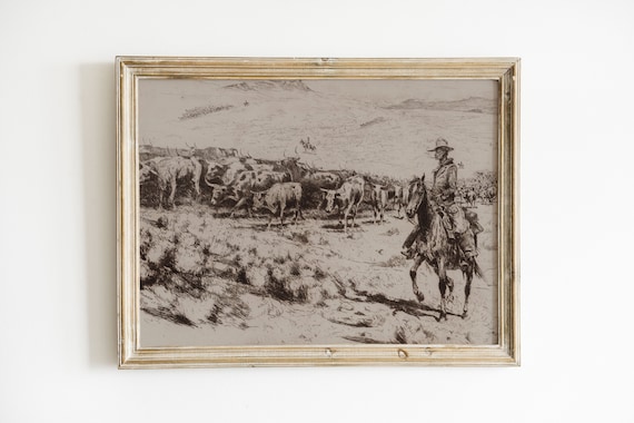 cowboy with cattle | digital vintage drawing | printable southwestern art | sepia desert boho landscape | wild west | coastal cowgirl