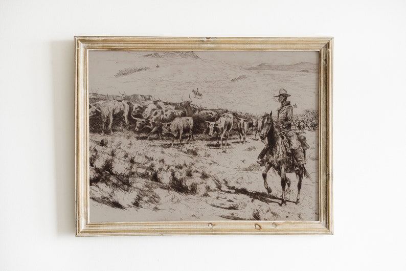 cowboy avec du bétail dessin vintage numérique art imprimable du sud-ouest paysage boho du désert sépia ouest sauvage cow-girl côtière image 1