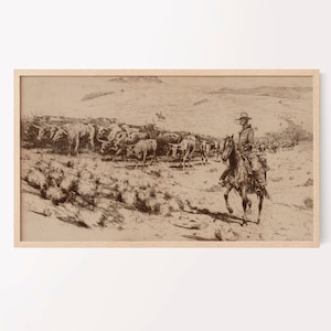 samsung frame tv art | sepia or black & white desert landscape | southwest cowboy | western art print | vintage painting | cowboy and cattle