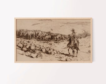 samsung frame tv art | sepia or black & white desert landscape | southwest cowboy | western art print | vintage painting | cowboy and cattle