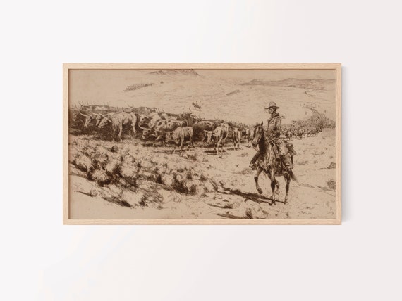 samsung frame tv art | sepia or black & white desert landscape | southwest cowboy | western art print | vintage painting | cowboy and cattle