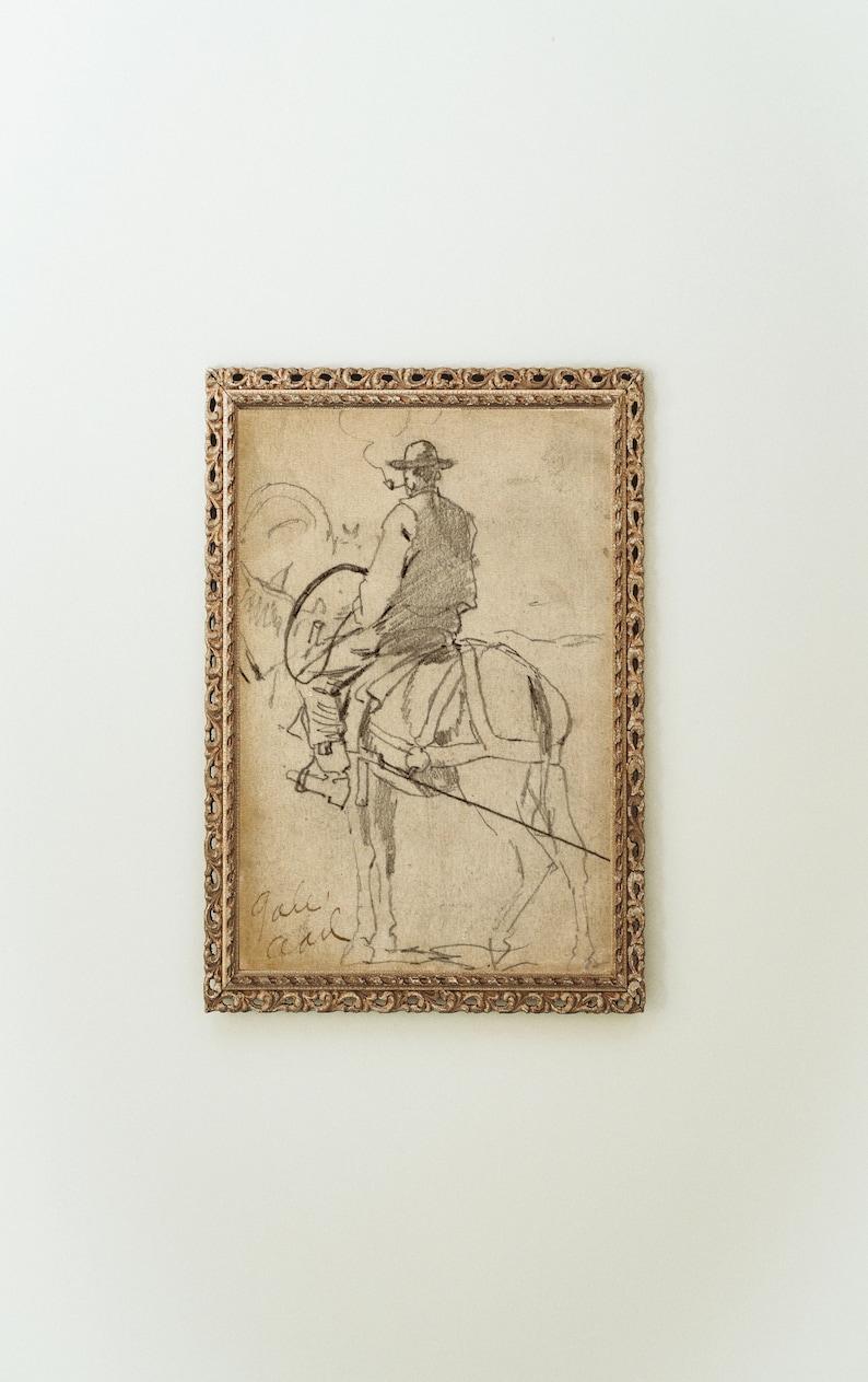 digital vintage drawing of cowboy on horseback printable southwestern art sepia wild west desert boho art horses horseback riding image 2