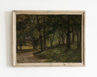 forest landscape with trees | vintage oil painting nature | neutral farmhouse transitional decor | path in the woods