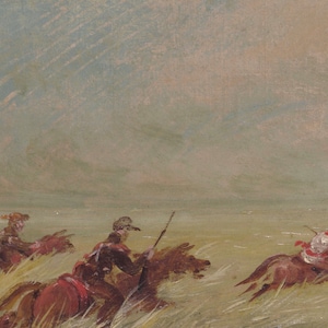 May include: An impressionistic painting depicts three riders on horseback in a field. The riders, dressed in period attire, are in motion, suggesting a race or competition. The color palette is muted, with earthy tones and a cloudy sky.