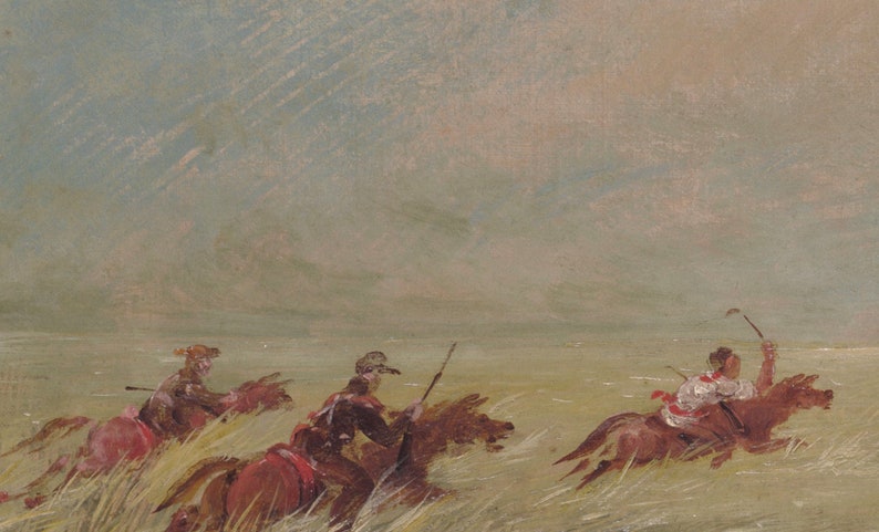 May include: An impressionistic painting depicts three riders on horseback in a field. The riders, dressed in period attire, are in motion, suggesting a race or competition. The color palette is muted, with earthy tones and a cloudy sky.
