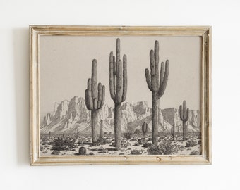 cactuses in the desert | digital vintage drawing printable southwestern art | black & white desert boho landscape arizona | coastal cowgirl