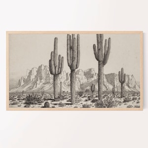 samsung frame tv art | black & white desert landscape | southwest western cactus print | neutral farmhouse decor | arizona desert