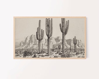 samsung frame tv art | black & white desert landscape | southwest western cactus print | neutral farmhouse decor | arizona desert