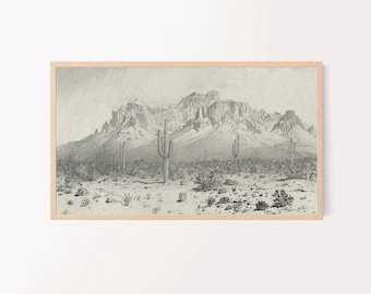 samsung frame tv art | black & white desert landscape | southwest western cactus print | neutral farmhouse decor