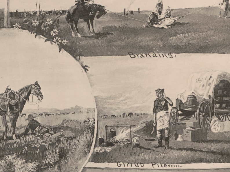 old west cowboys and horses digital vintage drawing printable southwestern art black & white sepia desert landscape desert boho art zdjęcie 4