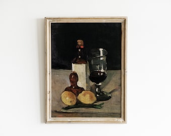 still life of wine and lemons | vintage oil painting | neutral farmhouse transitional decor for kitchen | antique art