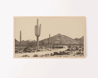 samsung frame tv art | sepia or black & white cactus desert landscape | southwest desert landscape | western boho art print | vintage art