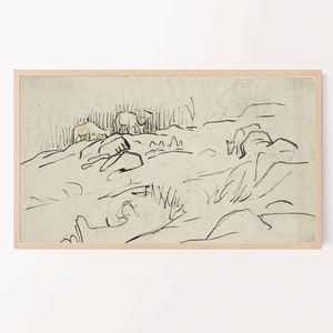 samsung frame tv art |  vintage abstract drawing | neutral abstract art |  farmhouse transitional decor | line art | landscape and cattle