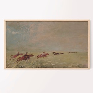 samsung frame tv art | muted nature landscape | southwest western print | horses hunting buffalo | neutral transitional farmhouse decor