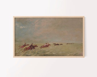 Samsung frame tv-kunst | gedempt natuurlandschap | zuidwestelijke westerse print | paarden jagen op buffels | neutraal overgangsboerderijdecor