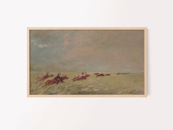 samsung frame tv art | muted nature landscape | southwest western print | horses hunting buffalo | neutral transitional farmhouse decor