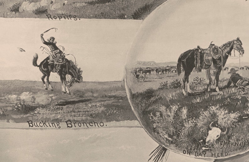 old west cowboys and horses digital vintage drawing printable southwestern art black & white sepia desert landscape desert boho art zdjęcie 3