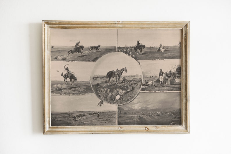 old west cowboys and horses digital vintage drawing printable southwestern art black & white sepia desert landscape desert boho art zdjęcie 1