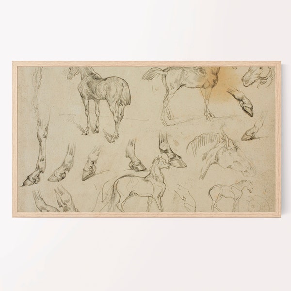 samsung frame tv art | vintage sketch of horses | neutral western desert boho art | coastal cowgirl