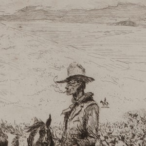 cowboy avec du bétail dessin vintage numérique art imprimable du sud-ouest paysage boho du désert sépia ouest sauvage cow-girl côtière image 3