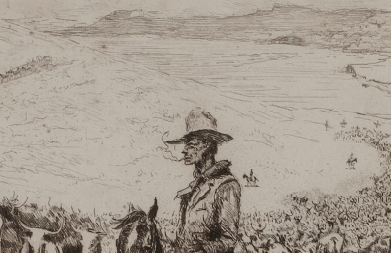 cowboy avec du bétail dessin vintage numérique art imprimable du sud-ouest paysage boho du désert sépia ouest sauvage cow-girl côtière image 3