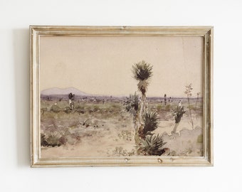 May include: A framed watercolor painting depicting a desert landscape with a mountain range in the distance. The painting features a variety of desert plants, including yucca plants and cacti, in shades of brown, green, and purple.