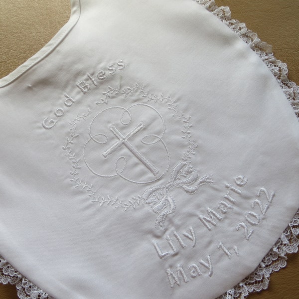 Christening Bib with Cross and Circle Frame With Name and/or Wording at No Extra Charge and Optional Burp Pad