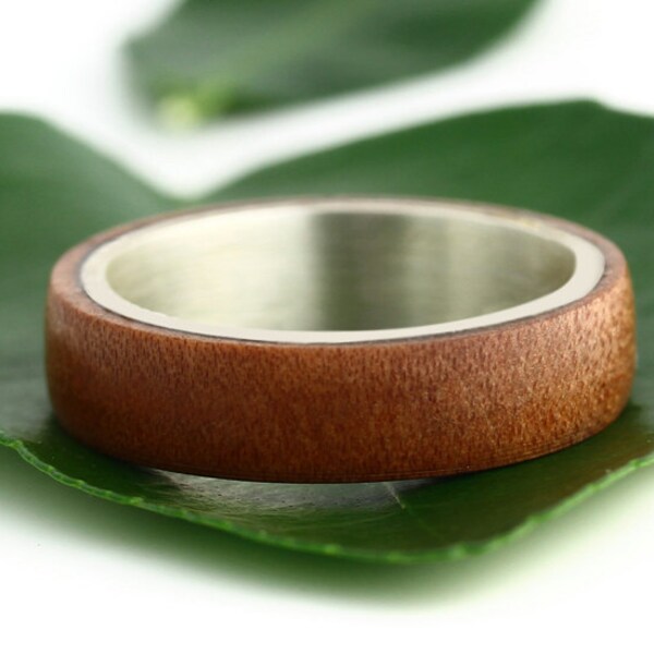 Custom men's wooden wedding band, Madrone Burl hardwood & Sterling silver ring, 6mm, 4mm 5mm available