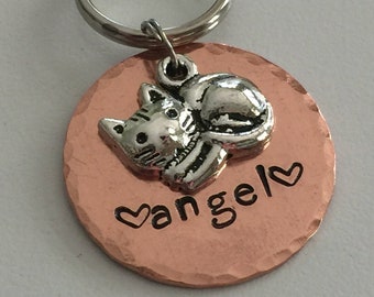 Cat Tag with Charm - Cat Name Tag - Pet ID Tag with Sleeping Kitty Charm - 1" Round Copper Pet Tag - Cat Collar Tag