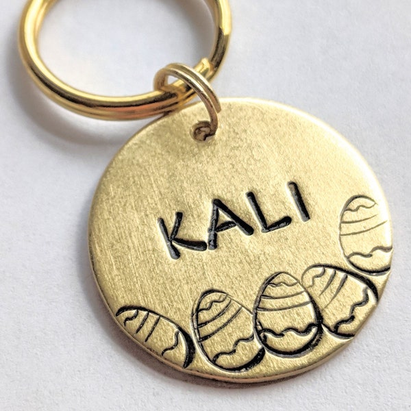 Small Easter Dog Tag - Cat Tag - Pet ID Tag with Easter Eggs - 7/8" Round Brass Pet Tag - Cat Collar Tag