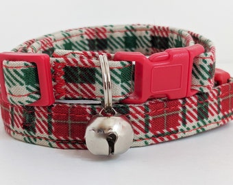 Christmas Cat Collar - Red and Green Plaid Kitten Collar - Fabric Christmas Cat Collar with Removable Bell