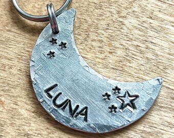Large Aluminum Moon Dog Tag - Celestial Big Dog Tag with Moon and Stars