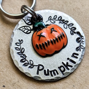 May include: A silver metal pet tag with a black and orange pumpkin design and the text "Pumpkin" in a decorative font.