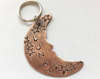 Moon Dog Tag - LARGE Dog Tag - Antiqued Copper Moon Pet ID Tag - Big Dog Tag - Moon and Stars Pet ID Tag - Celestial Dog Tag