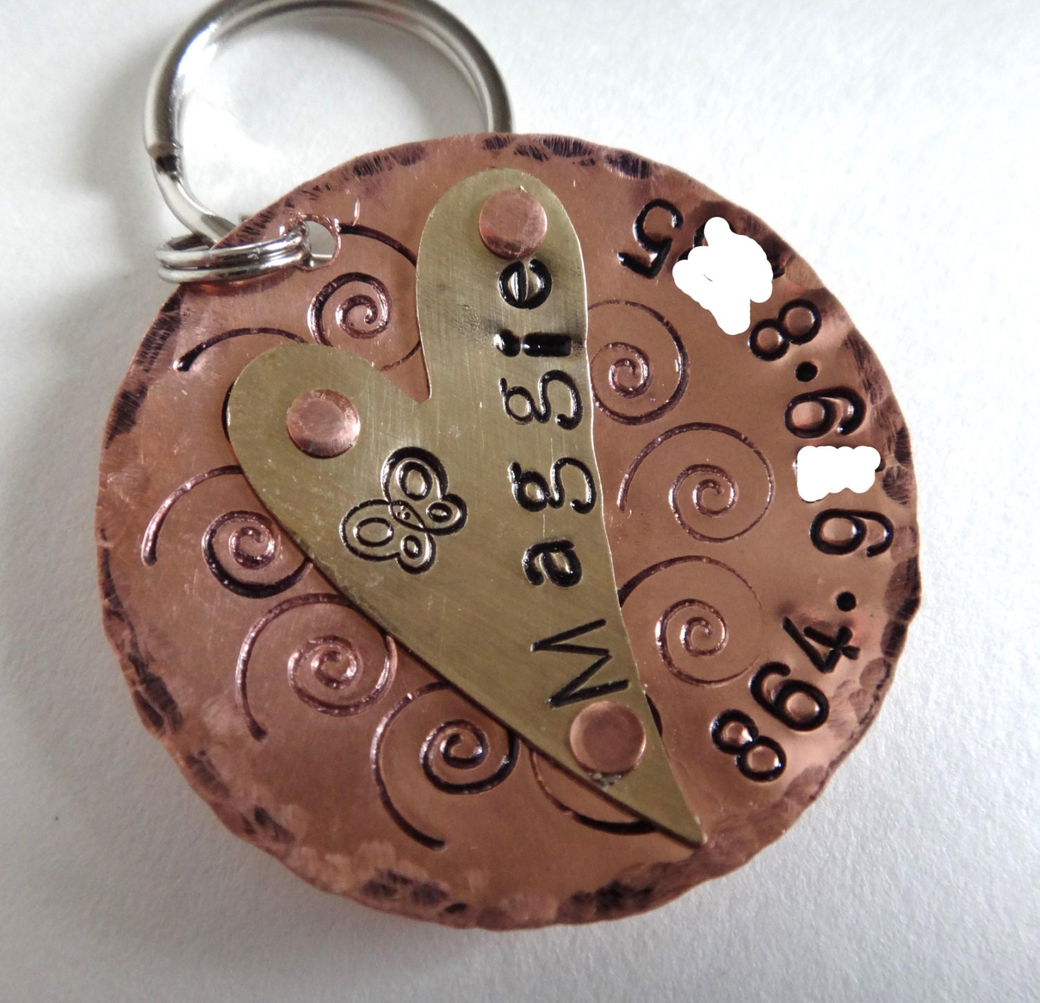 Large Dog Tag - Custom Pet ID Tag - Domed Copper 1 1/4" Round Pet Tag - Hand Stamped Pet Name Tag - Unique Dog Tag with Brass Heart