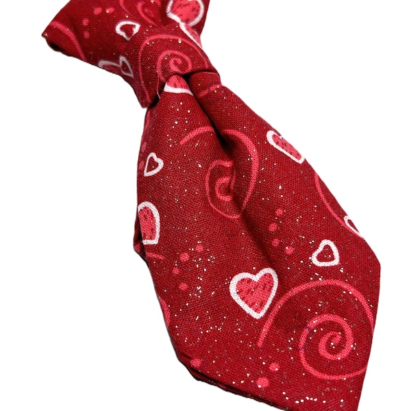 Valentines Dog or Cat Neck Tie with Glittery Swirls and Pink Hearts - Pink and Red Slide On Dog Neck Tie - Removable Dog Neck Tie