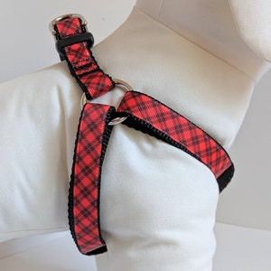 Step-in Dog Harness and (optional) Leash-Red and Black Plaid Dog Harness-Girl or Boy Dog Harness- Red Christmas Harness with Black Stripes