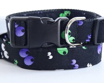 Halloween Dog Collar - Black Fabric Dog Collar with Spooky Eyes - Small or Large Dog Collar - Fall Dog Collar- Creepy Dog Collar