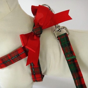 Christmas Dog Harness (and optional) Leash - Fabric Step-in Dog Harness - Red and Green Tartan Plaid Harness and Leash - Girly Dog Harness