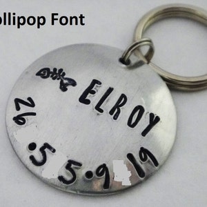 K&ouml;nnte beinhalten: Silbernes Hundehalsband mit einer schwarzen Aufschrift, die "ELROY" und "2.6.5.9.19" lautet. Das Halsband ist an einem silbernen Schl&uuml;sselring befestigt.