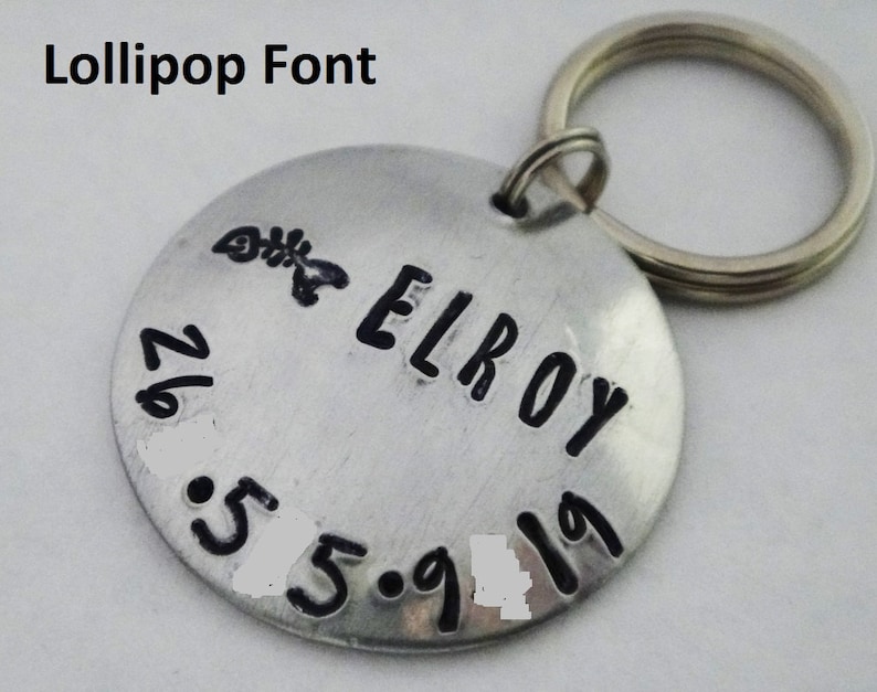 K&ouml;nnte beinhalten: Silbernes Hundehalsband mit einer schwarzen Aufschrift, die "ELROY" und "2.6.5.9.19" lautet. Das Halsband ist an einem silbernen Schl&uuml;sselring befestigt.