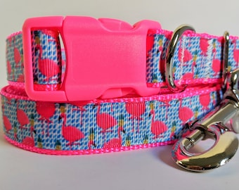 Flamingo Dog Collar and (optional) Leash Set for a Small or Large Dog Collar - Hot Pink Girl Dog Collar