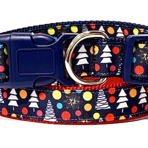 Christmas Dog Collar and (optional) Leash Set with Christmas Trees - Boy or Girl Dog Collar - Red White and Blue Dog Collar